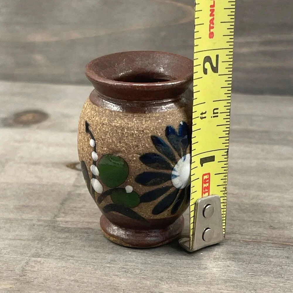 Miniature Hand Painted Mexican Pottery Blue Flower Sandstone Bud Vase Decor